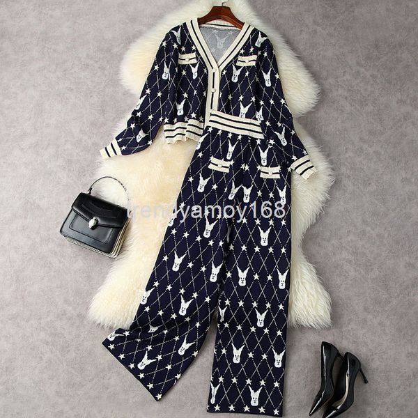 

women's two piece pants autumn and winter women's v-neck single breasted loose knit cardigan + high waist wide leg trousers leisur, White