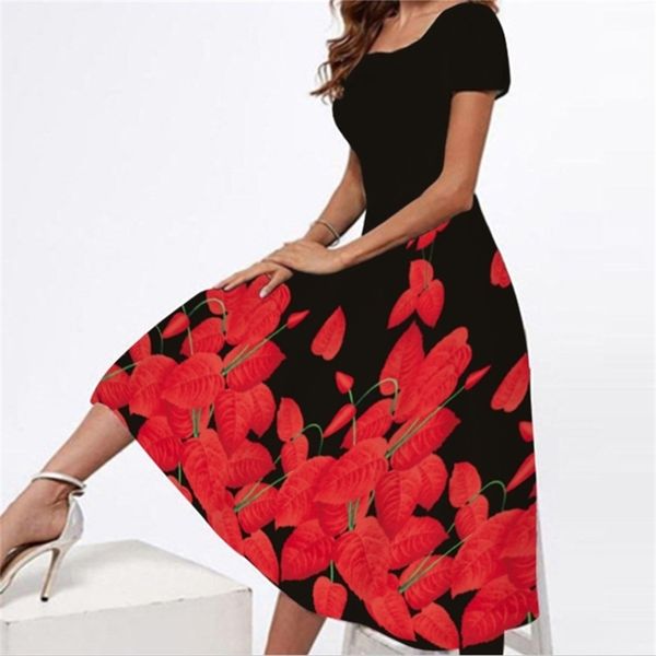 

movokaka spring summer midi dresses women party elegant slim short sleeves floral print long casual vestidos beach 220614, Black;gray