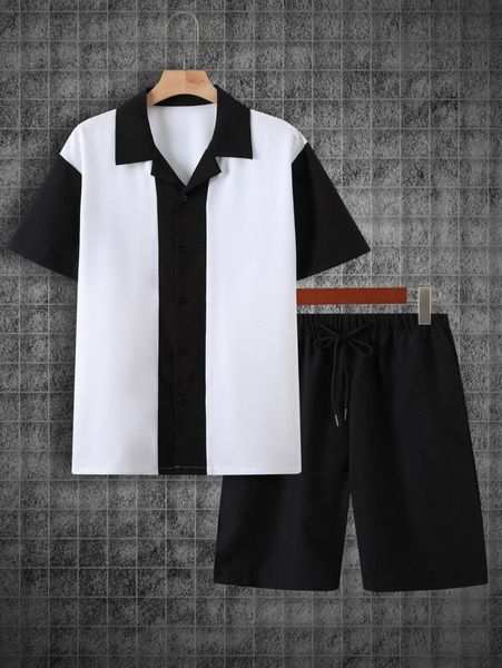 

men two tone shirt & drawstring waist shorts 24lo#, Gray