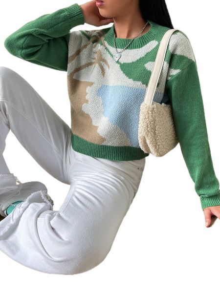 

tropical pattern drop shoulder sweater i4ld#, White;black