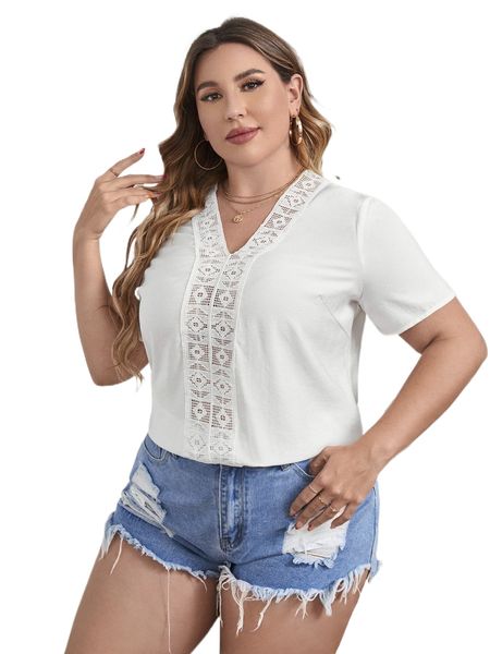 

plus contrast lace v neck blouse v9gv#, Black