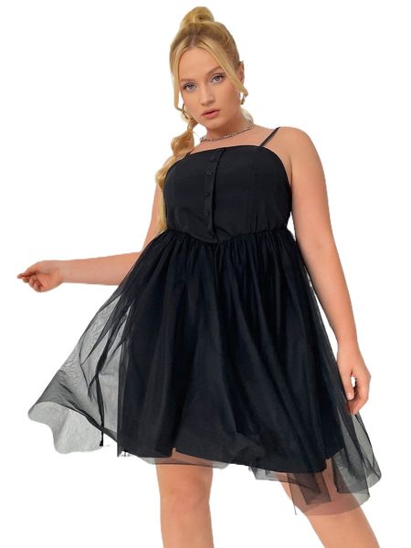 

plus shirred back mesh overlay cami dress d5kb#, Black