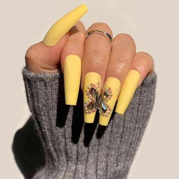 False Nails Jóias de Luxúria Caixão de balé longo Fake Butterfly Crystal Rhinestone Amarelo Flash Pressione Pressione nas dicas de capa 0616