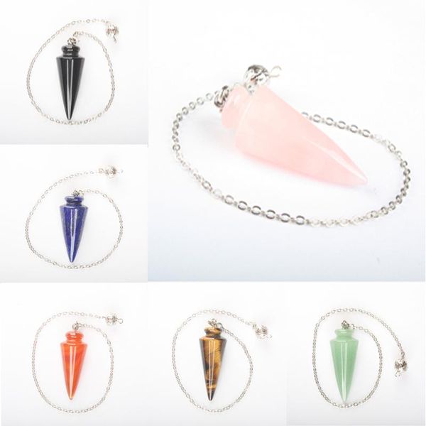 

pendant necklaces clear crystal opal lapis rose pink quartz obsidian tiger's eye chain dowsing healing chakra amulet pendulum with 1pcs, Silver