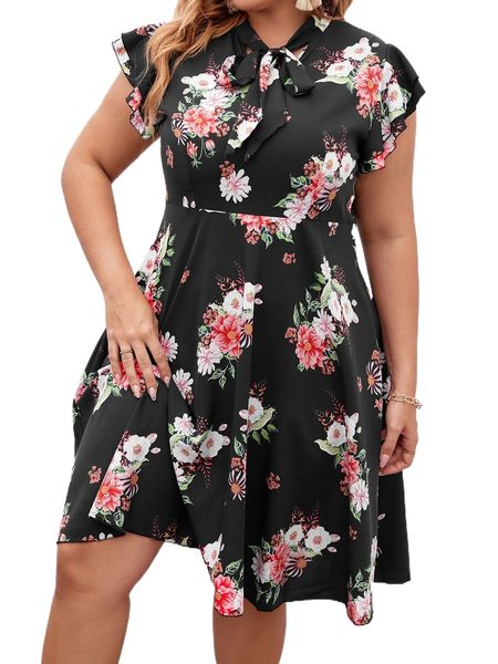 

plus floral print tie neck butterfly sleeve a-line dress u55f#, Black