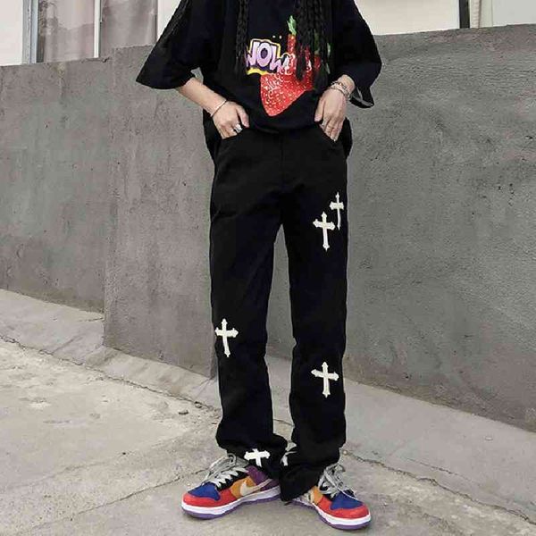 

style high street cro core cross jeans tide ins harajuku hiphop fried street pants girls spring and summer, Blue