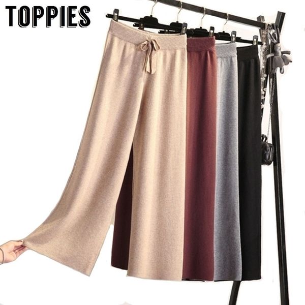 

high waist knitted pants fall women straight pants korean fashion women slim trousers drawstring waist y200418, Black;white