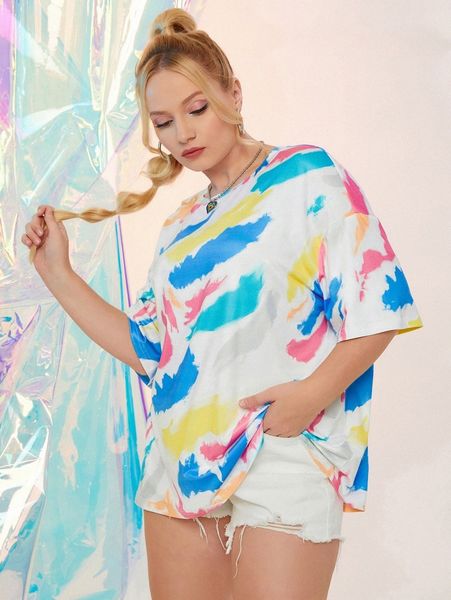 

plus brush print drop shoulder tee n8nd#, Black