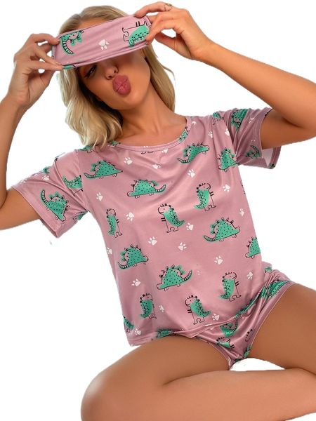 

dinosaur print pajama set with eye mask z1cu#, Black;red