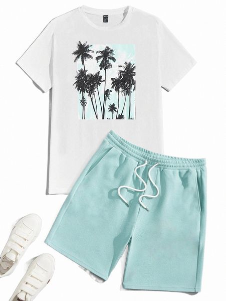 

men coconut tree print tee & drawstring waist shorts set n3ry#, Gray