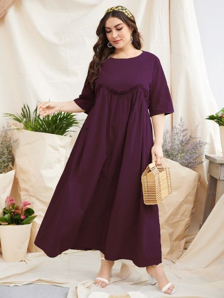 

plus solid frill trimed smock dress 101w#, Black