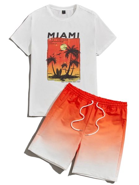 

men slogan & palm tree print tee & ombre drawstring waist shorts b8uu#, Gray