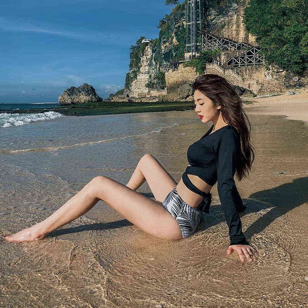 

cross strap long sleeve split swimsuit women, White;black