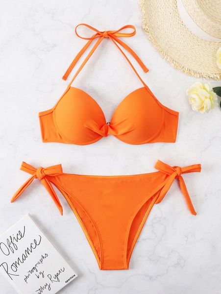 

plain knot side halter push up bikini swimsuit c30d#, White;black