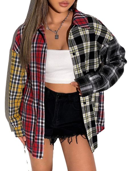 

tartan colorblock drop shoulder shirt i96c#, White