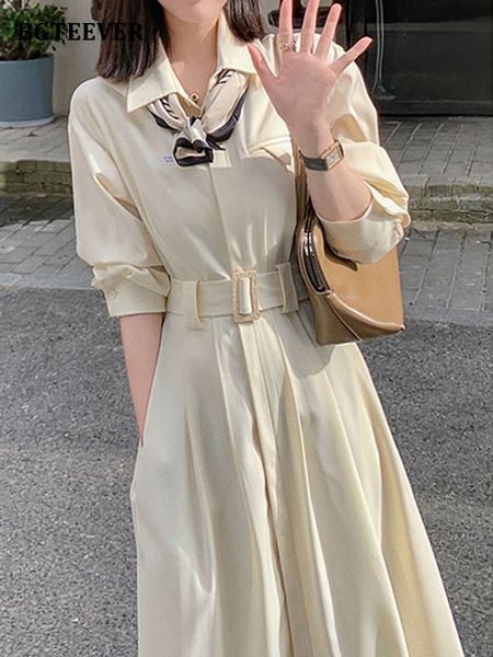 

casual lapel solid women dresses full sleeve belted slim waist pockets female a-line dress ladies vestidos 2022, Black;gray