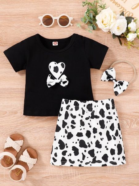 

toddler girls cow print heart embroidery tee & skirt with headband she, White