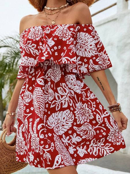 

tropical print ruffle trim off shoulder dress p9p1#, Black;gray