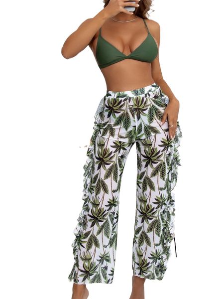 

tree print t.riangle b.ikini swimsuit with beach pants q0r3#, White;black