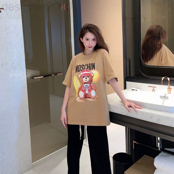 

women's t-shirt designer mos 2022 spring and summer new couple beach bear print casual round neck short sleeve t-shirt men's women, White