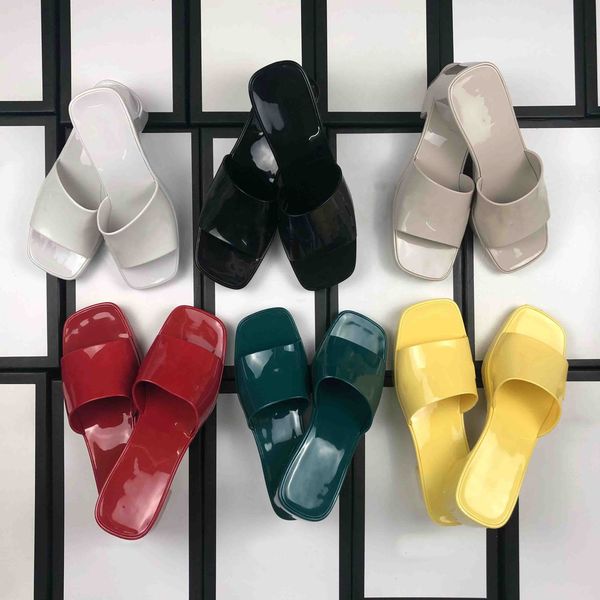 

2020 women sandals high heels rubber slide sandal platform slipper chunky heel height shoes summer embossed flip flops with box, Black