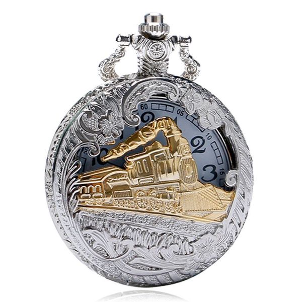 Pocket Watch Watch Vintage Silver Gold Gold Trem esculpido Hollow steampunk quartzo homens colar de colar presente de relógio