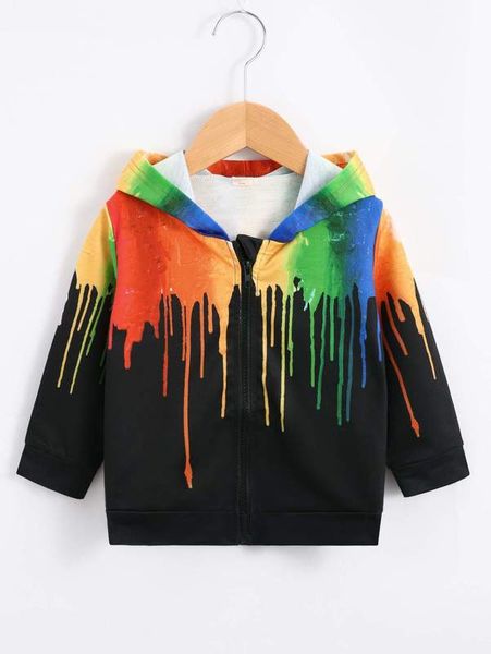 

toddler boys paint drip print zip up hoodie she, Black