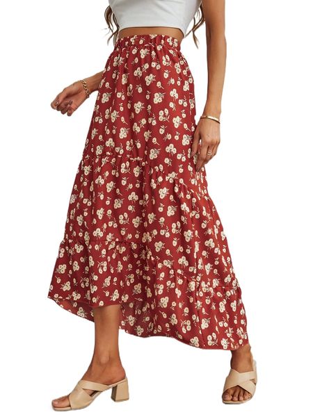 

allover floral print high low ruffle hem skirt 00um#, Black