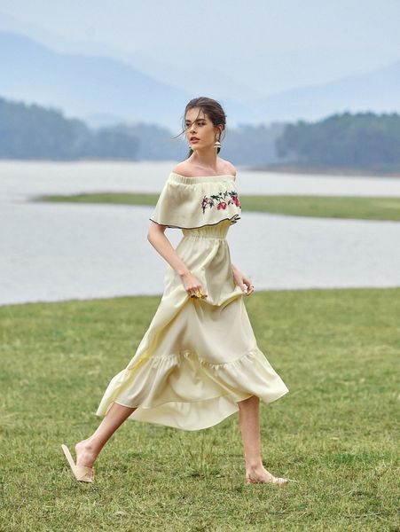 

off the shoulder foldover floral embroidery ruffle hem dress q9ys#, Black;gray