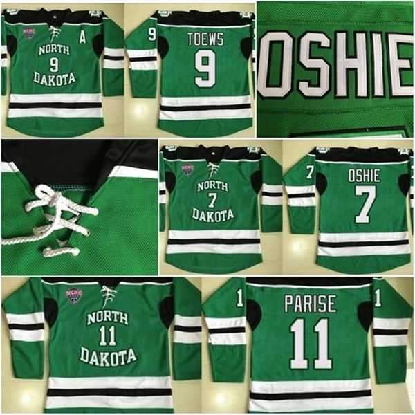 Nik1 North Dakota Fighting Sioux 3 Tucker Poolman 7 TJ Oshie 9 Jonathan Toews 11 Zach Parise 16 Brock Boeser Maglie da hockey cucite al 100% da uomo