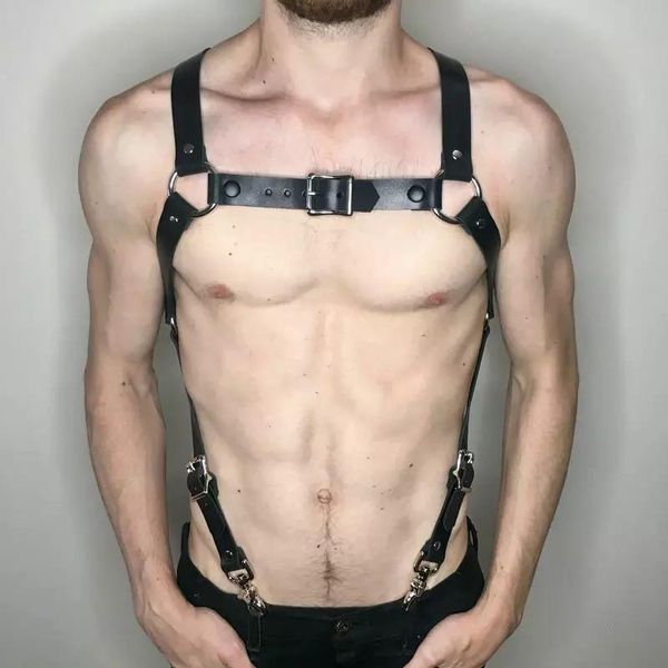 Set di reggiseni Costumi rave Gay Gear Clubwear Harness Tanks Latex PU Leather Mens Sex Exotic Top Fetish StrapBras regolabile