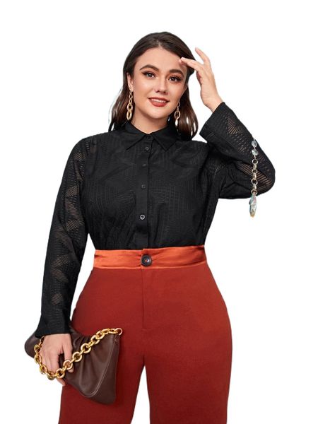 

plus solid chevron print button up tee i52l#, Black