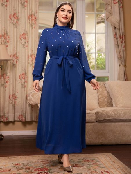 

plus pearl beaded lantern sleeve frilled neck belted dress 72ab#, Black