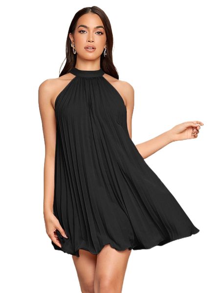 

tie back pleated halter dress 83of#, Black;gray