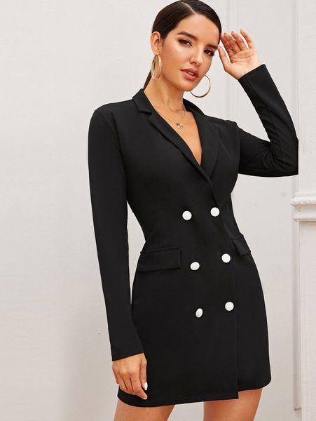 

solid double button blazer dress t9k0#, White