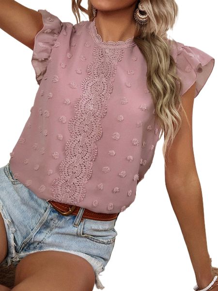 

swiss dot guipure lace insert butterfly sleeve blouse o6hb#, White