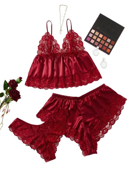 

plus 3pack satin contrast lace wireless lingerie set s2mi#, Black;white