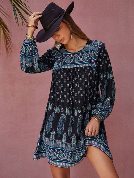 

rusttydustty paisley print ruffle trim keyhole back dress l1sg#, Black;gray