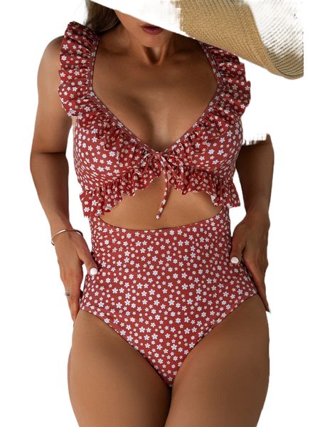 

ditsy floral ruffle trim one piece swimsuit j5vt#, White;black