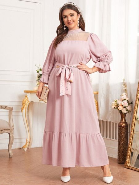 

plus 1pc mock neck sheer mesh yoke belted flounce hem dress i57k#, Black