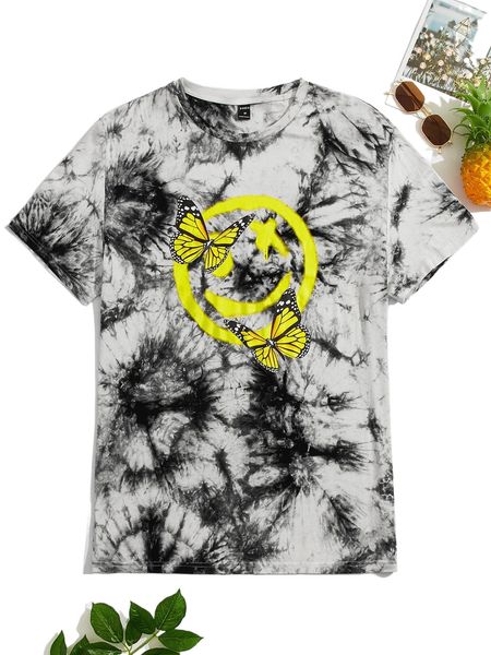 

men cartoon face & butterfly print tie dye tee 61k2#, White;black