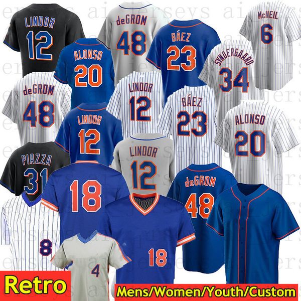 Camisas de beisebol 12 Lindor 48 deGrom 1 Jeff McNeil Cano Pete Alonso Mike Piazza Max Scherzer Keith Hernandez Morango Tom Seaver John Franco