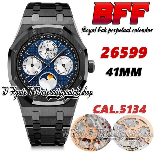 

bff bf26599 complicated function cal.5134 bf5134 automatic mens watch 41mm moon phase blue textured dial stick markers pvd black steel brace, Slivery;brown