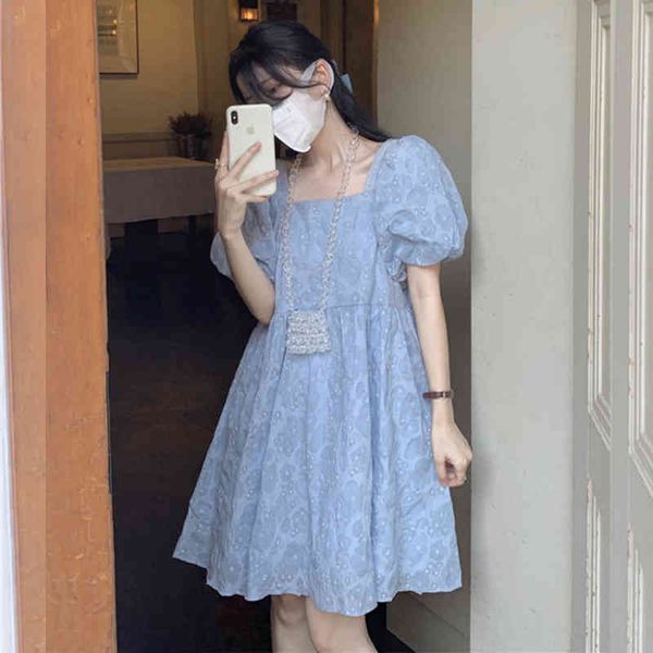 

first love doll skirt 2022 summer new fairy square neck jacquard bubble sleeve fluffy princess small dress, Black;white