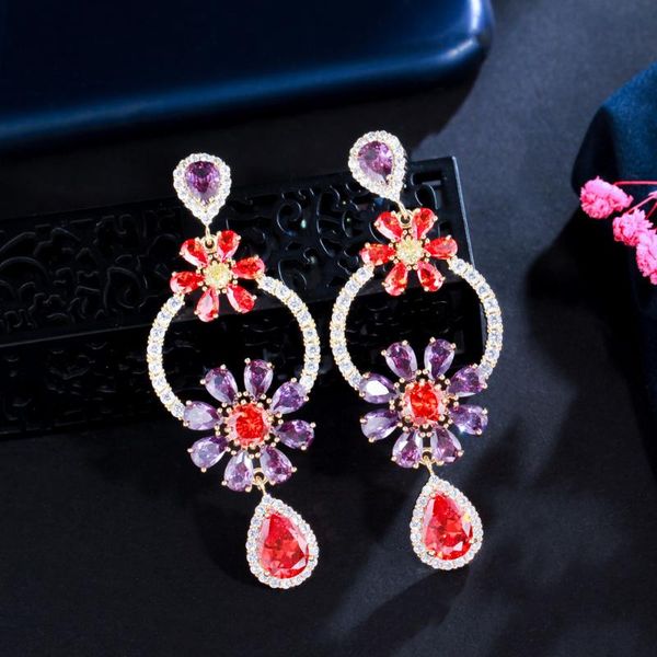 

dangle & chandelier cwwzircons sparkly purple red cubic zircon crystal water drop flower long earrings for women gold plated party wedding c, Silver