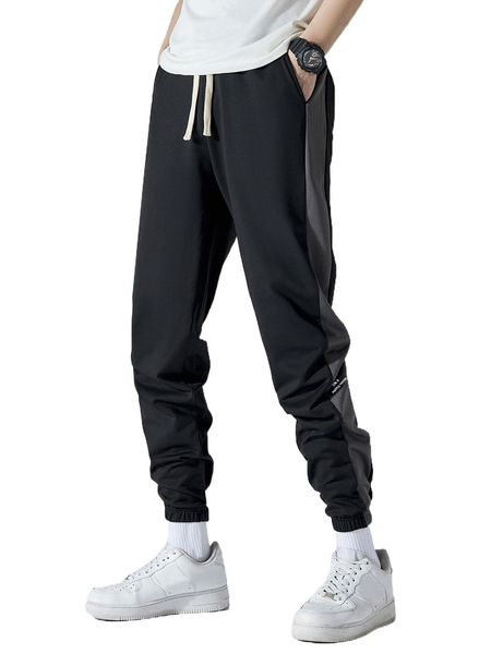 

men slogan graphic contrast sideseam drawstring waist sweatpants h2w5#, Black