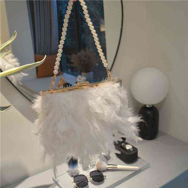 

nxy evening purse with pearl strap chain clutch bags feather crossbody bag for women girl ladies 0425