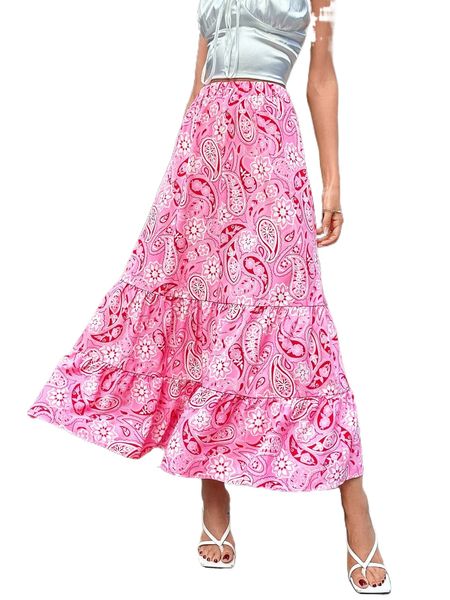 

paisley & floral print ruffle hem skirt h9yf#, Black