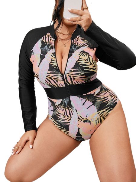 

plus tropical print zipper raglan sleeve one piece swimsuit g0dd#, White;black