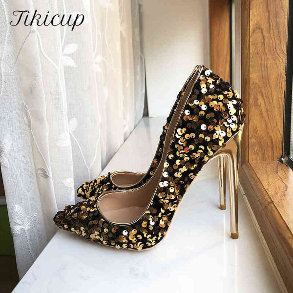 

tikicup shiny sequins women bling high heels slip on party wedding shoes ladies pointed toe fashion dress stilettos chic pumps220513, Black